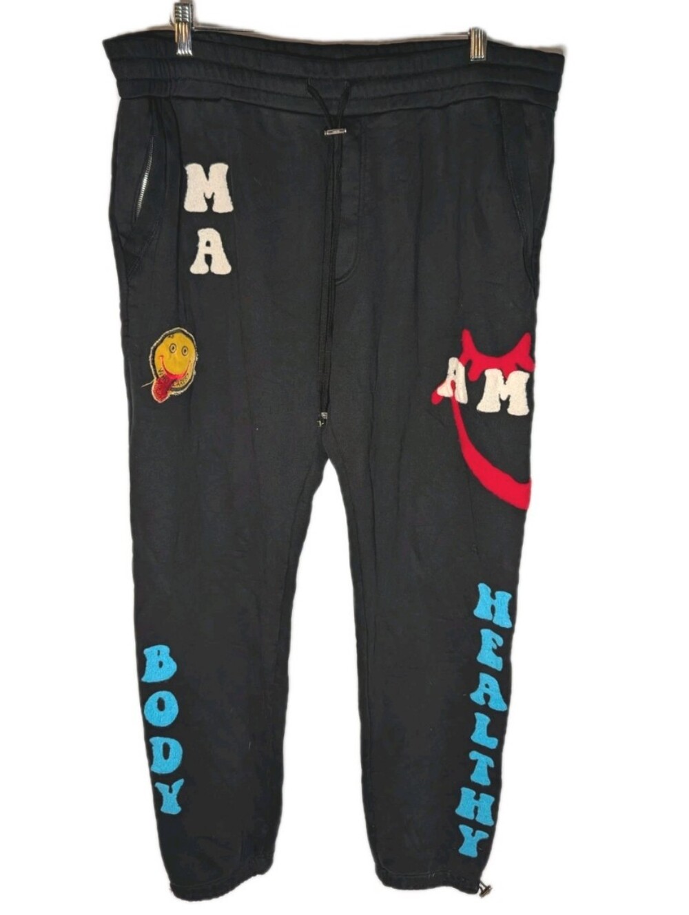 Amiri sweatpants Joggers Men Size XXL Black Patches Streetwear 100% Cotton
